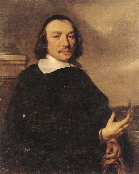 Portrait of a gentleman holding gloves,a view of a dutch town beyond